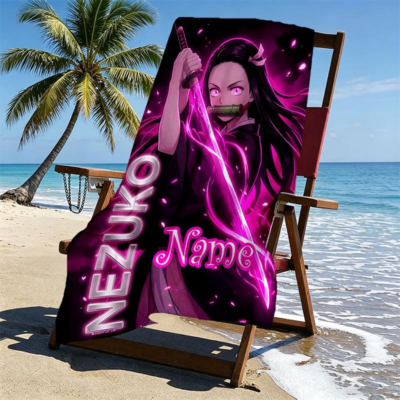Personalisierbares Strandtuch mit Demon Slayer Aufdruck und individuellem Namen, für Reise, Camping, Strandparty, Heimdekoration, Geburtstagsgeschenk für Familie & Freunde