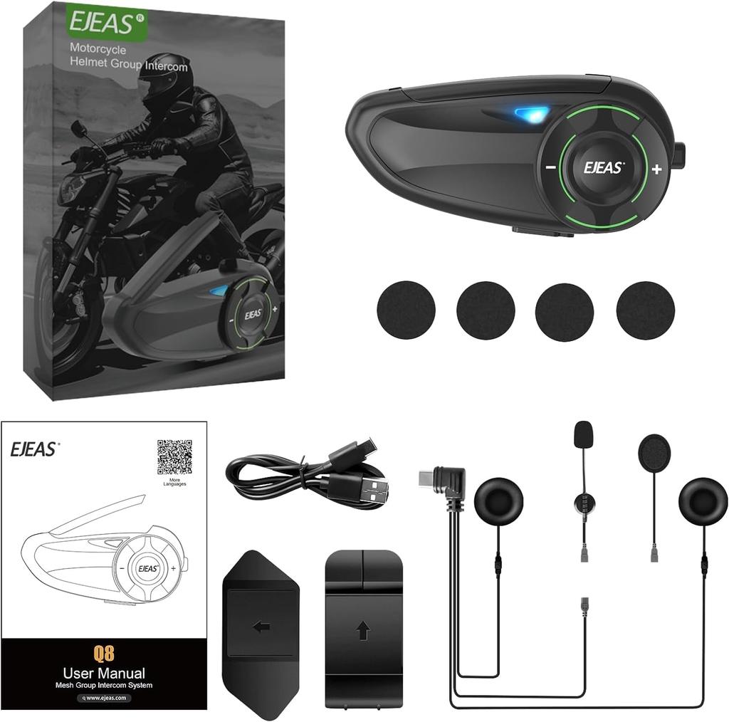 EJEAS Q8 Motorcycle Helmet Bluetooth New Mesh Group Intercom System with Music Sharing and Channel Allows 6 Riders to Talk Simultaneously Intercom,
