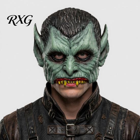 Retro Distressed Vampire Mask Green Halloween Mask, Half Face with Pointy Ears & Sharp Teeth, Detailed Party Lightweight PU Foam for Scary Costume