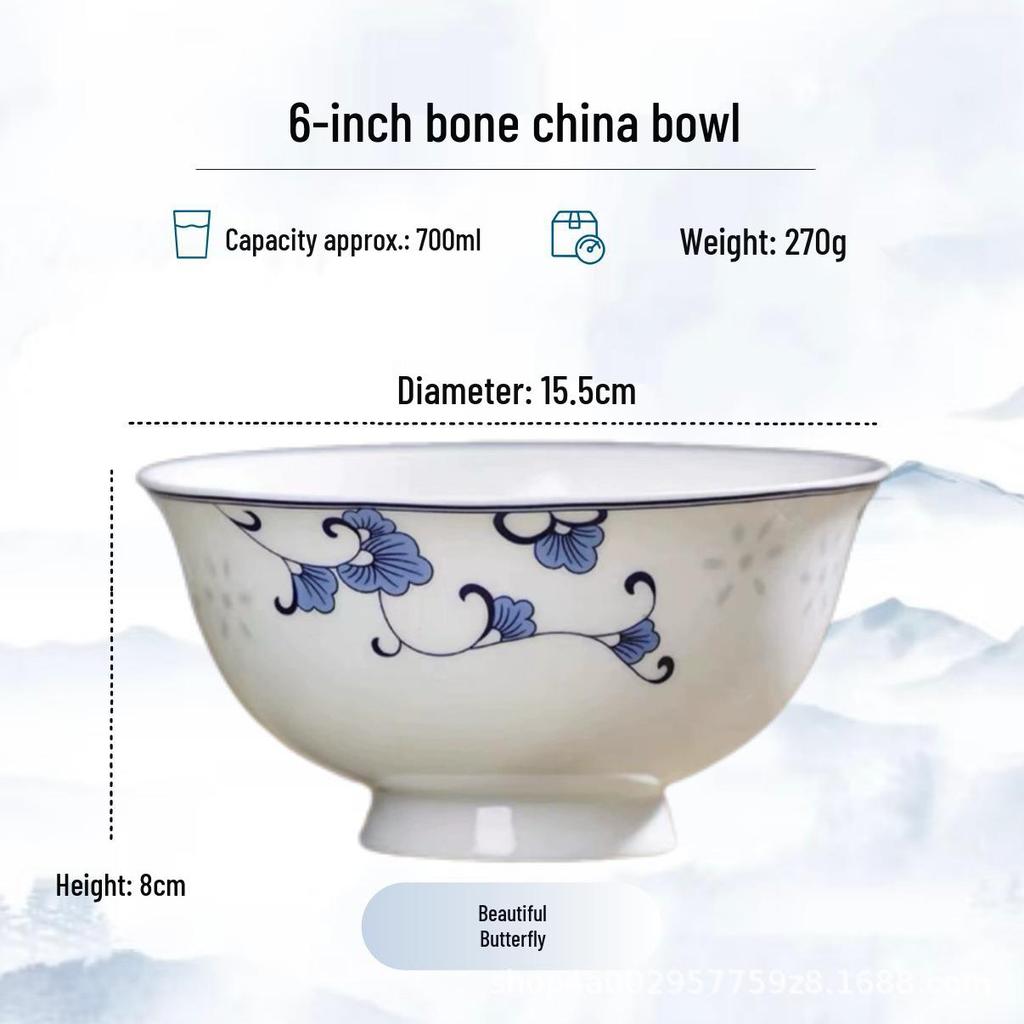 Blue and White High-Foot Bone China Noodle Bowl - Chinese-Style, Anti-Scald, Customizable for Birthdays