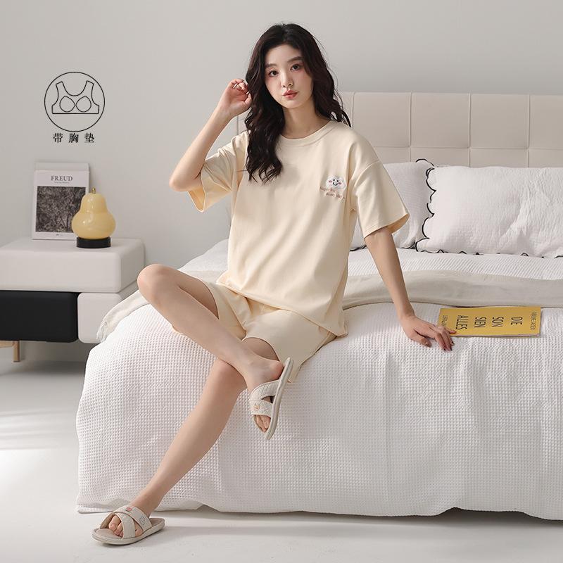 1011 new pajamas with chest pads women's summer pure cotton thin short-sleeved shorts cotton cartoon loungewear