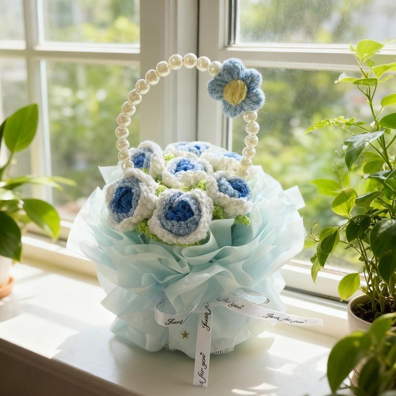 Crochet Rose Bouquet Handmade Knitted Sunflower Basketed For Graduation Mothers Day Birthday Wedding Gift Home Office Desk Decor