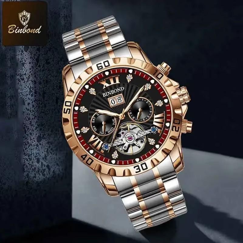 BINBOND Fashion Tourbillon Automatic Watch Men Luxury Skeleton Mechanical Wristwatch Stainless Steel Wristwatches