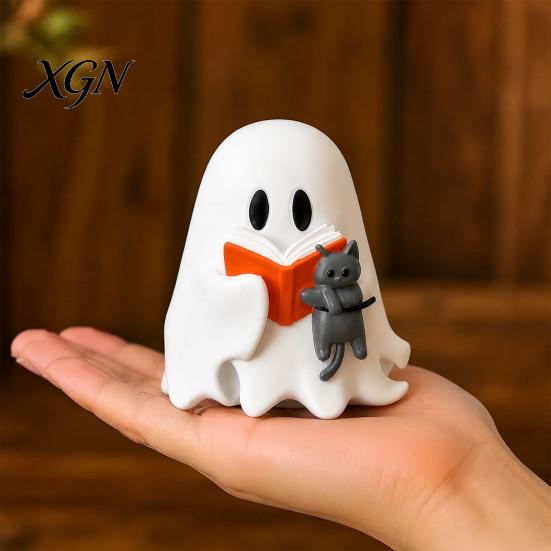 Milchtee Geist Geschenk Halloween Figur, Niedliche Lese Statue, Ornament mit Harz Sammlerstück Kürbis Eimer, Skelett Welpe Tischdeko
