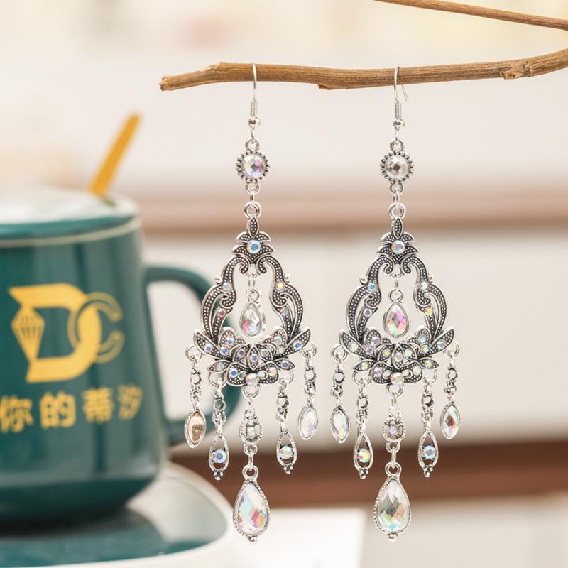 Vintage Ethnic Rhinestone Long Earrings Light Luxury Texture Flower Shaped Water Drop Earrings for Women Retro Jewelry Gift