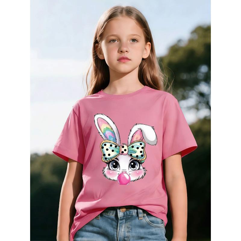European Size Childrens Round-neck Short-sleeved T-shirt with Rabbit Pattern Print
