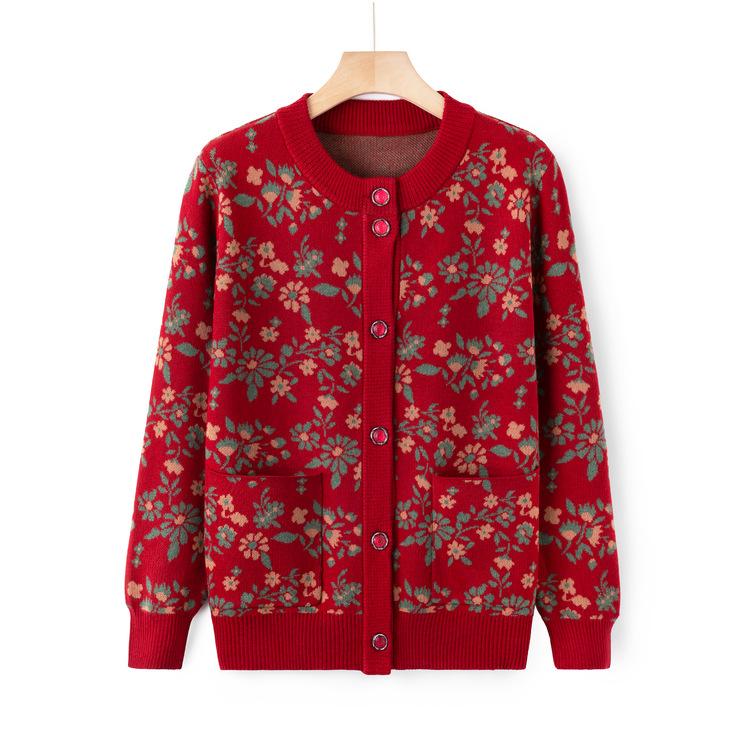 Mom Wear Autumn Sweater Cardigan Jacket Middle-aged and Elderly Fashionable Sweater Round Neck Top Grandma Autumn Clothes New Style