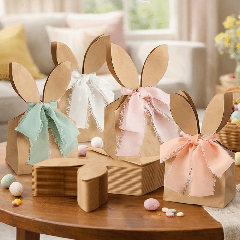12PCS with Ribbon Bow Easter Rabbit Candy Gift Box Cartoon Bunny Gift Bag  Easter Decoration