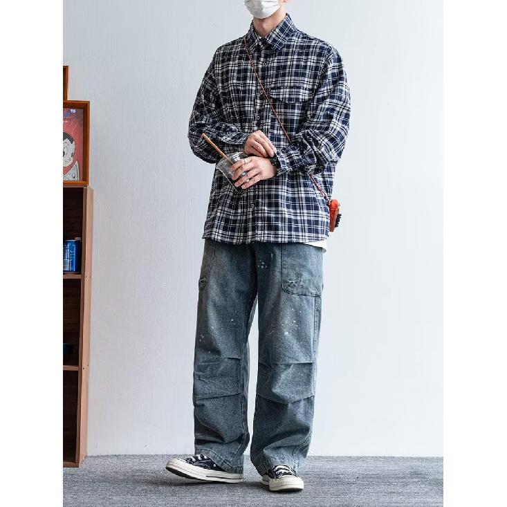 2024 Plaid Langarm Hemd Japanischen Hong Kong Stil Ins Lose Hemd Jungen Sommer Trendy Vielseitig Casual Mantel