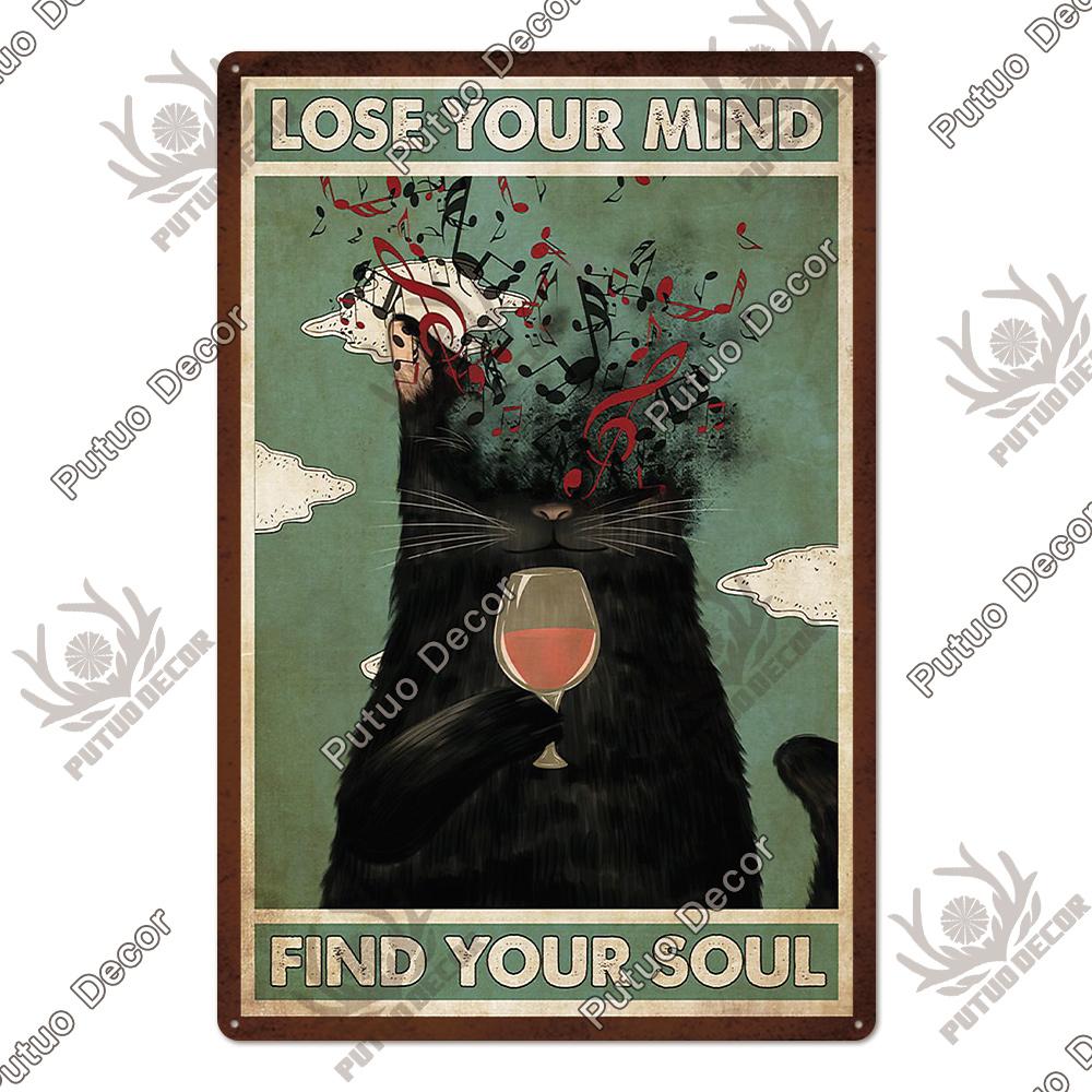 Putuo Decor Black Funny Cat Metal Sign Vintage Plaque Metal Retro Animals Tin Poster for Living Room Home Decoration Wall Decor
