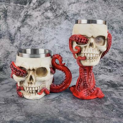 Neuartiger Bierkrug in Totenkopfform, realistische Oktopus-Tentakeln, Edelstahl, mittelalterlich, Halloween-Party, Weinbecher, Whisky, Schnapsgläser, Trinkbecher