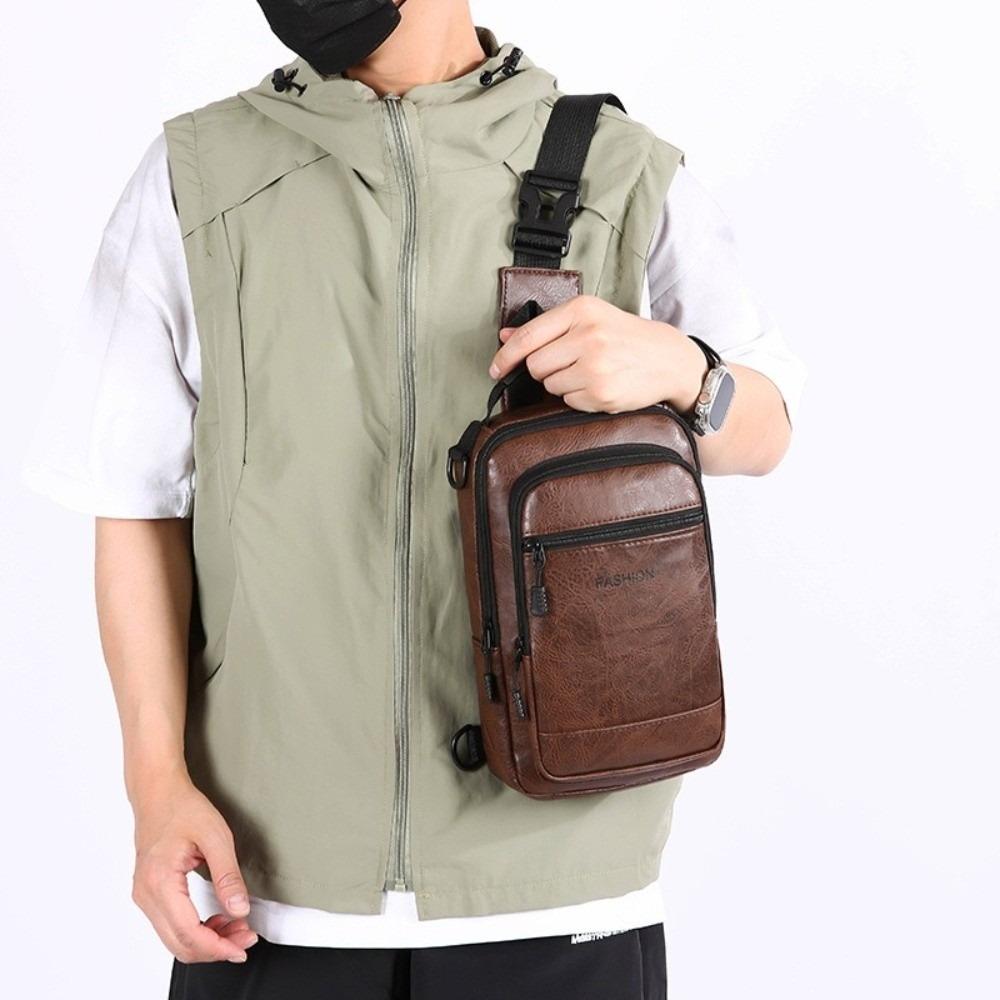 PU Leather Sling Shoulder Bag Solid Color Male Crossbody Bag Backpack Men's Chest Bag  Daily