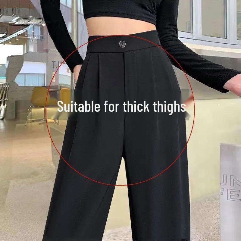 Ice Silk High-Waist Wide-Leg Pants - Women's Plus Size, Spring/Summer, Casual Black Drape