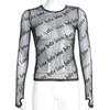 Sexy Women Mesh T-Shirts See-Through Perspective Tshirt Letter Printed O Neck Transparent Long Sleeve T Shirt Tops Women