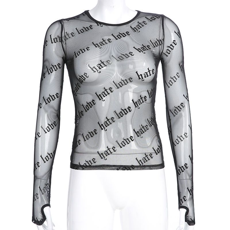 Sexy Women Mesh T-Shirts See-Through Perspective Tshirt Letter Printed O Neck Transparent Long Sleeve T Shirt Tops Women