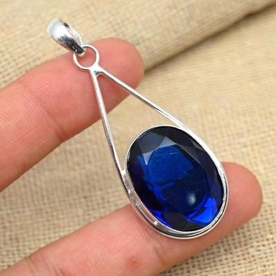 Lab-Created Blue Sapphire Gemstone 925 Sterling Silver Handmade Jewelry Pendant For Her