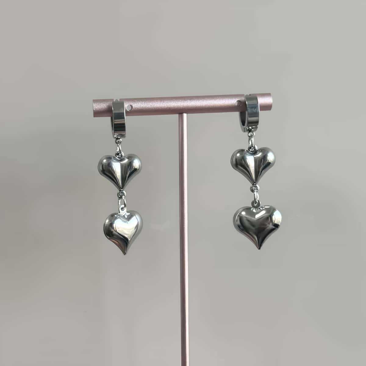 Original Gothic Stainless Steel Glossy Metal Double Heart Pendant Hoop Earrings for Women Punk Statement Dangle Earrings Jewelry
