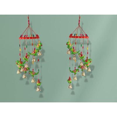 Handcrafted Rajasthani Colored Bell Hangings for Home Decoration Design Wall Hanging Decorative Showpiece (Green Parrot)