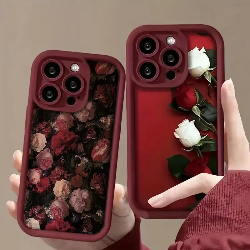 Wine Red Rose White Rose Phone Case For iPhone 17 16 15 14 Pro Max 13 12 11 XS X XR 7 8 Plus 16E 17 Anti-fall Cover