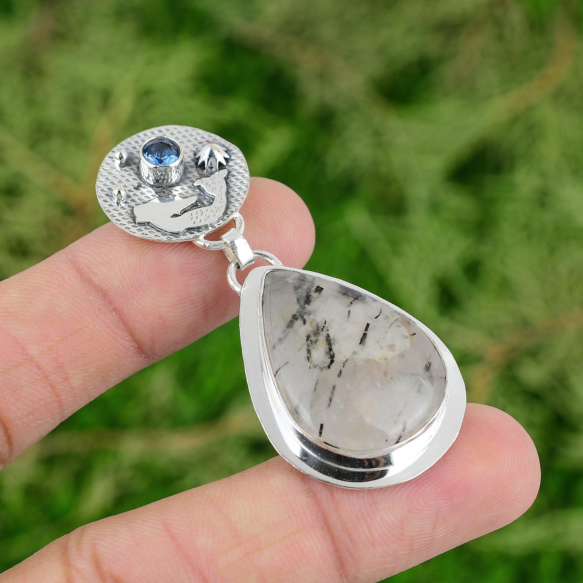 

Black Rutilated Quartz Gemstone 925 Sterling Silver Boho Mermaid Pendant Jewelry