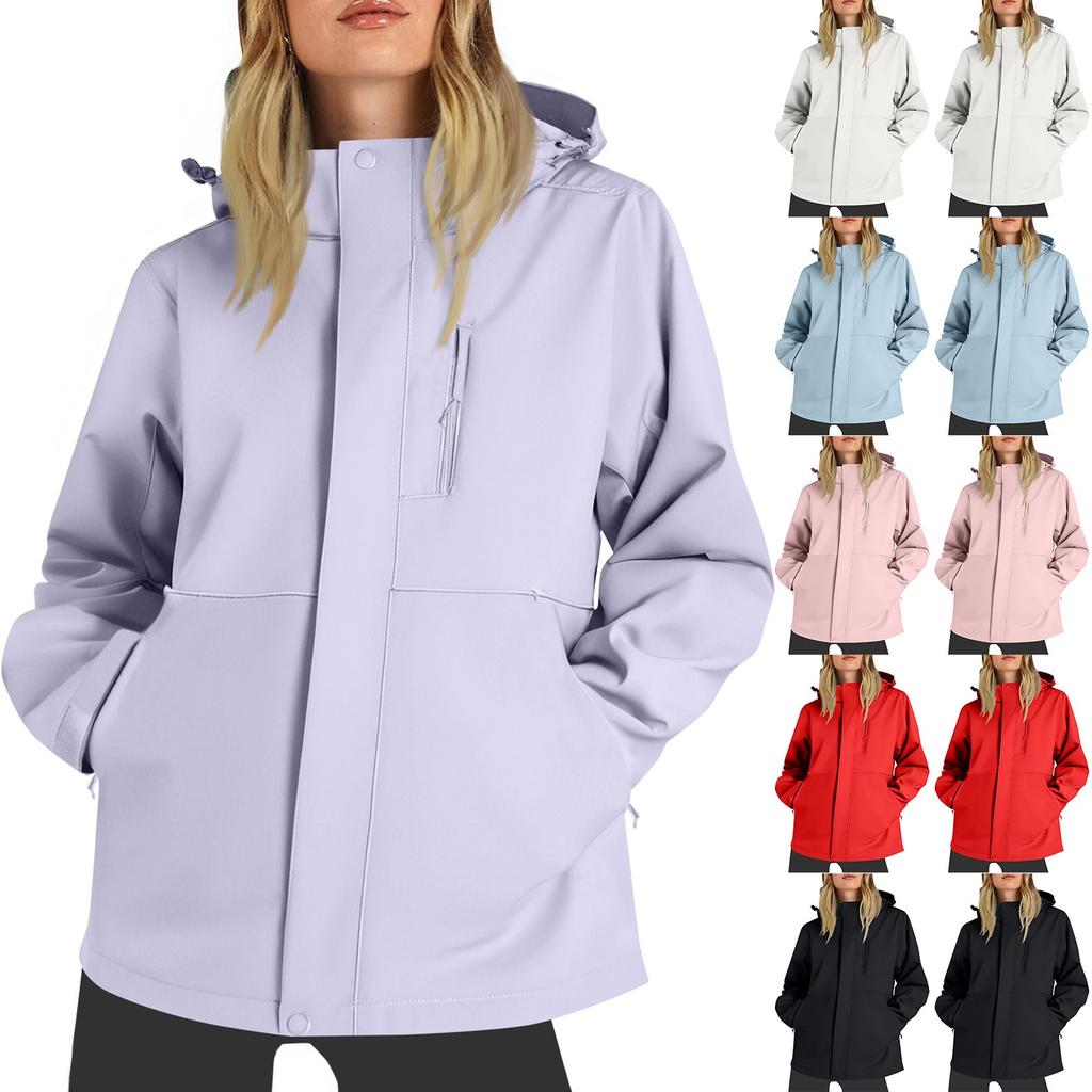 Women Solid Stripe Rain Jacket Outdoor Plus Waterproof Hooded Raincoat Windproof