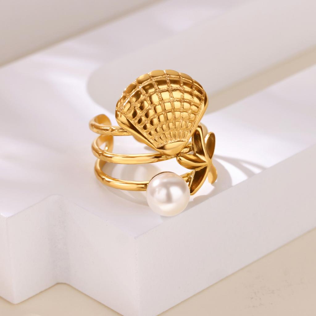Ocean Pearl Starfish Shell Rings For Women Men Stainless Steel Gold Color Ring Summber Jewelry Beach Holiday Gifts Bague