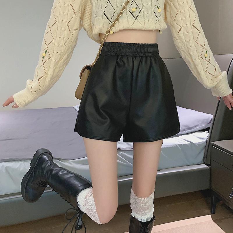 Women's PU Leather High Waist Wide-Leg Shorts - Plus Size, Slimming Fashion for Autumn/Winter 2025