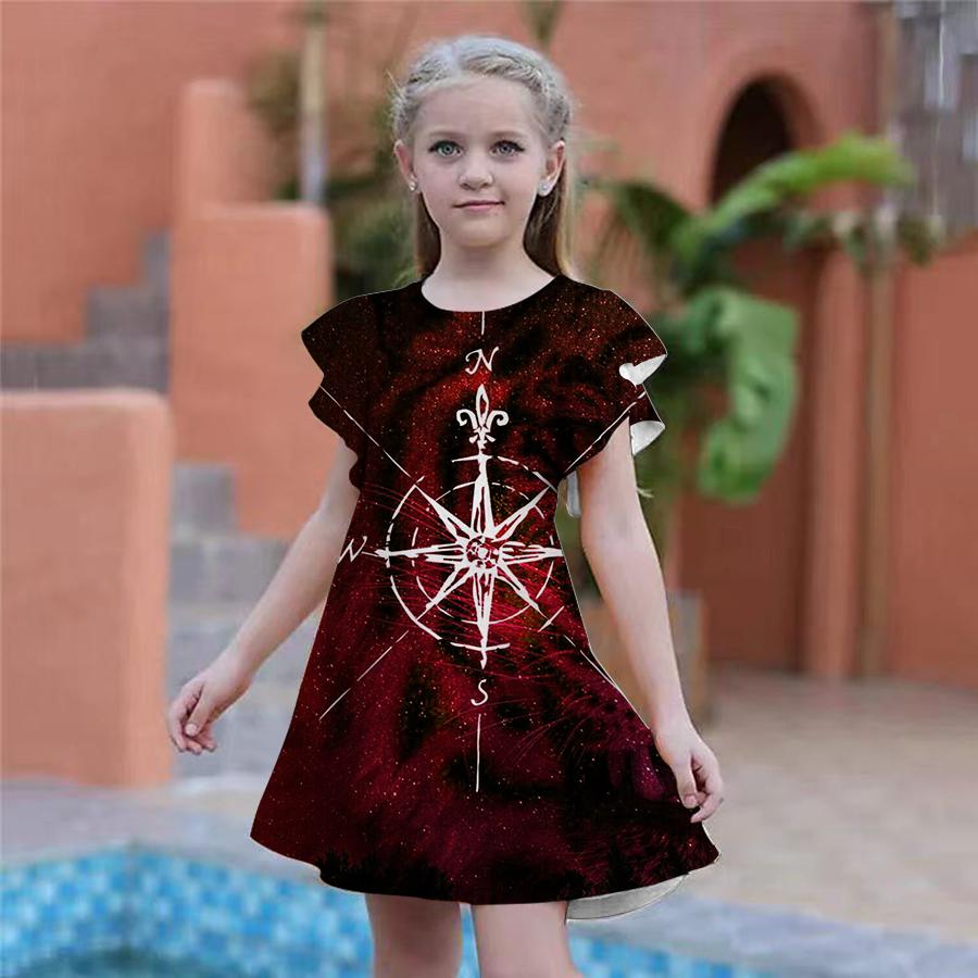 Robes Bleues à Imprimé Pentagramme pour Filles Robe de Fête pour Enfants Fille Coupe Ample Coupe Ample Manches Courtes Jupe pour Filles de Plus de Quatre Ans