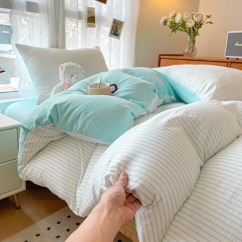 Skin-Friendly Washed Cotton Dorm Three-Piece Set: Stripe Duvet Cover & Pillowcase, Single/Double Size, Class A Quality