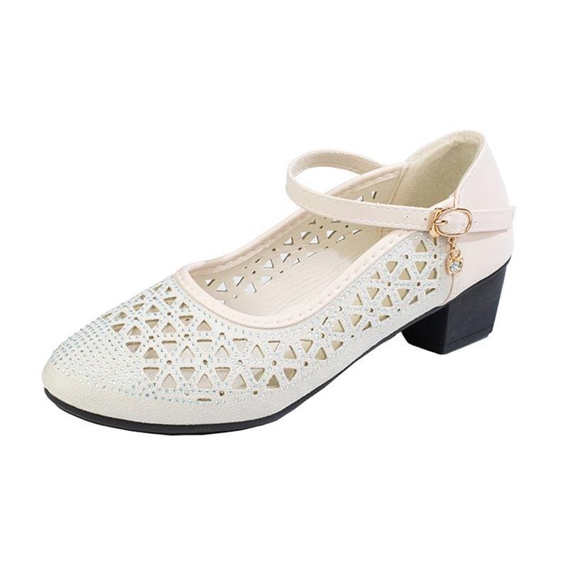Mesh soft leather soft-soled sandals women's summer single shoes fashionable hollow breathable women's shoes medium heel mother dancing shoes