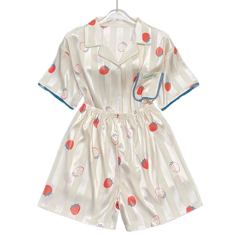 Sweet Strawberry Ice Silk Pajamas Women'S Summer Short Sleeve Shorts Silk Loungewear Set