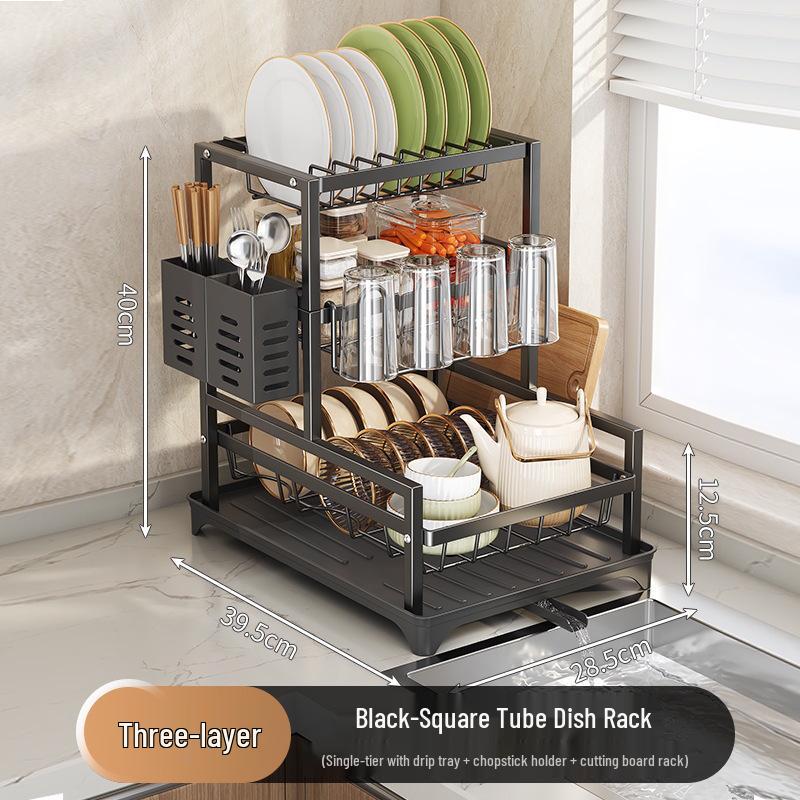 Countertop Kitchen Storage Rack: Holds Bowls, Plates, Chopsticks, Cutting Board & Cups, Includes Drainer, No Installation Required