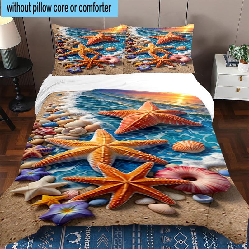 Ocean Starfish Shells 3pcs Bedding,Including 1pc Duvet Cover And 2pcs Pillowcases Perfect for Christmas,Ideal for Bedroom, Dormitory