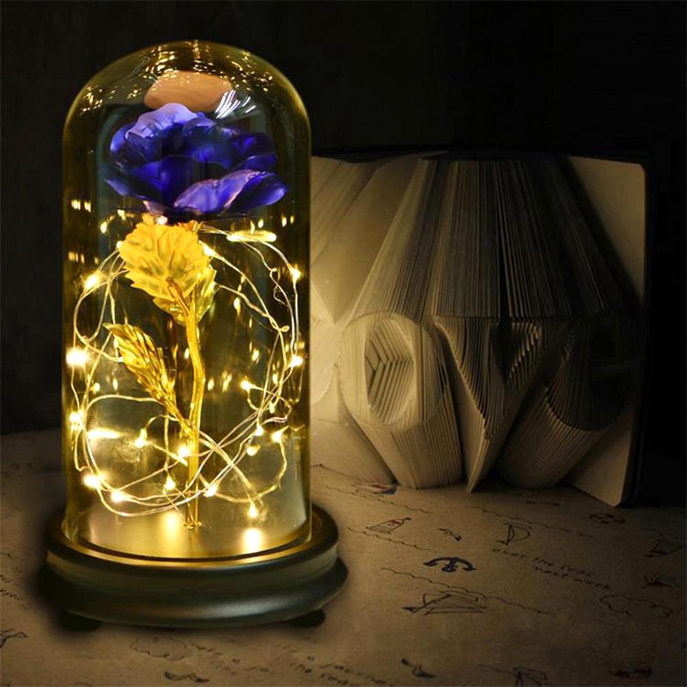 24K Gold Plated Rose Flower LED Light with Glass Cover Base Valentines"Day Wedding Gift Blue