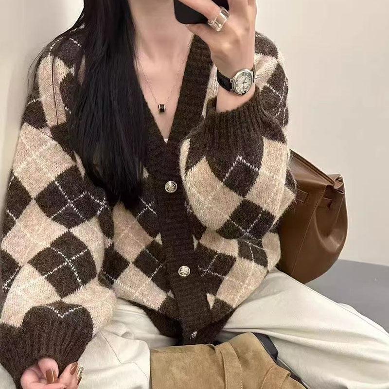 100% Alpaca Color Block Diamond Cardigan - Women's Autumn/Winter V-neck Long Sleeve Outerwear