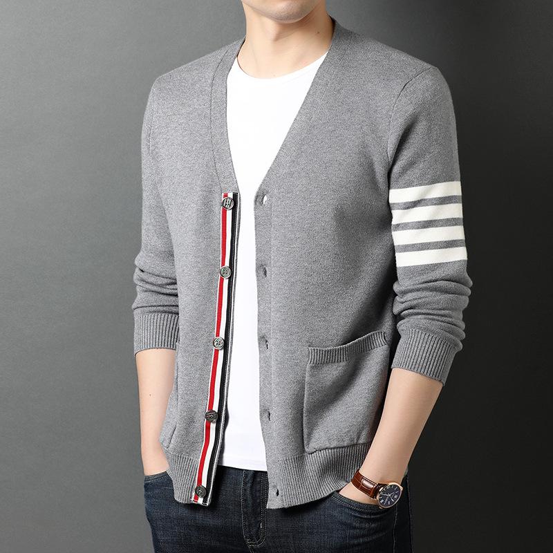 Giacca Maglione Lavorato a Maglia da Uomo Autunnale con Scollo a V a Righe