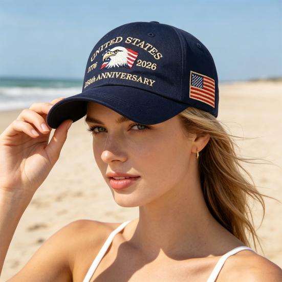 Czapka z daszkiem, Vintage przetarty styl, Spłowiała dżinsowa czapka, 250. Rocznica 1776-2026, Haftowana patriotyczna czapka typu Dad Hat, Regulowana oddychająca czapka outdoorowa