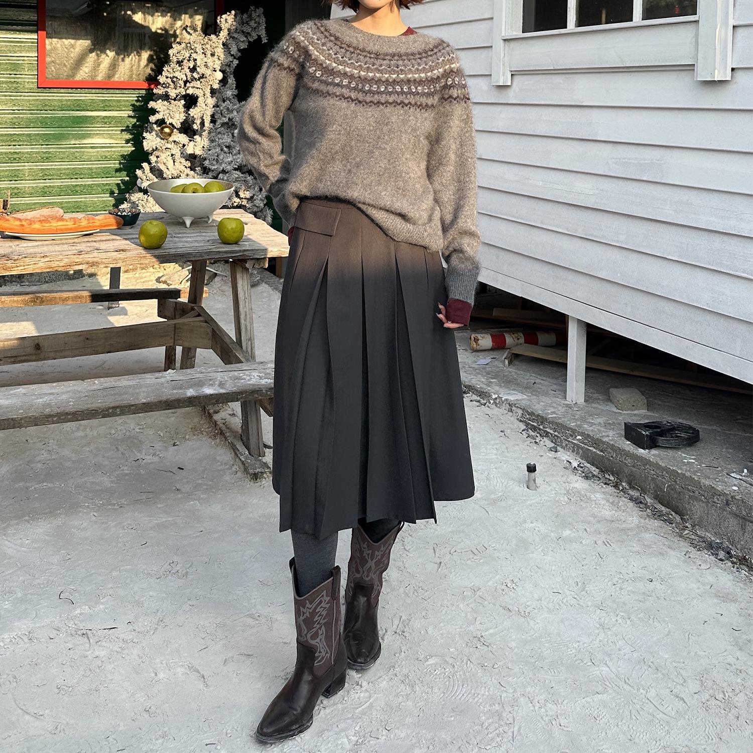 Lanmi Grey Wool-Blend Knitted A-line Pleated Midi Skirt for Women, Winter Small серый