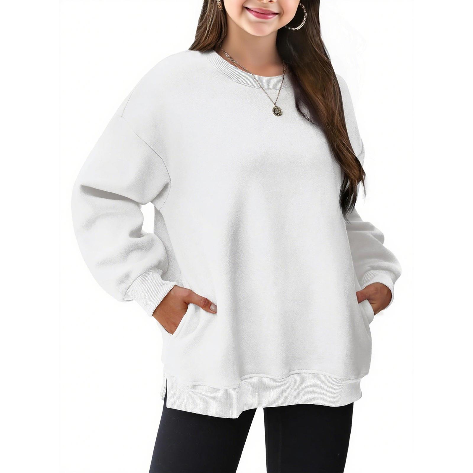 

Детская мода Однотонный пуловер Повседневный с круглым вырезом Детская стильная толстовка с капюшоном среднего размера 110 белый