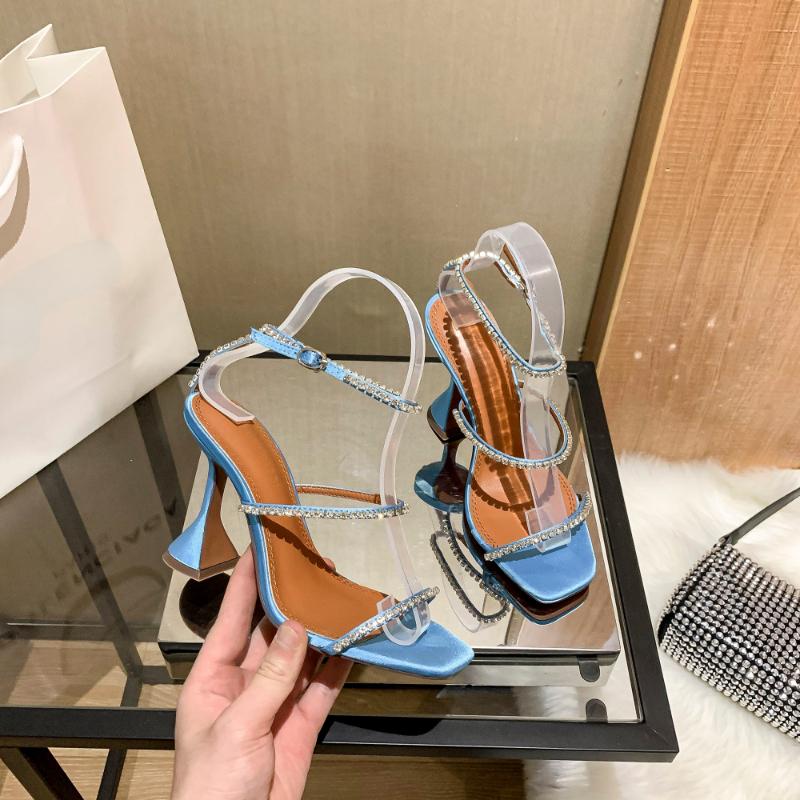 Dámské sandály s jedním páskem, nové pohádkové módní univerzální boty s čtvercovou špičkou a kamínky na vysokých podpatcích s otevřenou špičkou