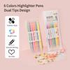 6 Colors Highlighter Pens Dual Tips Broad Chisel and Fine Tip Highlighter Markers Pen for Adults Students Children