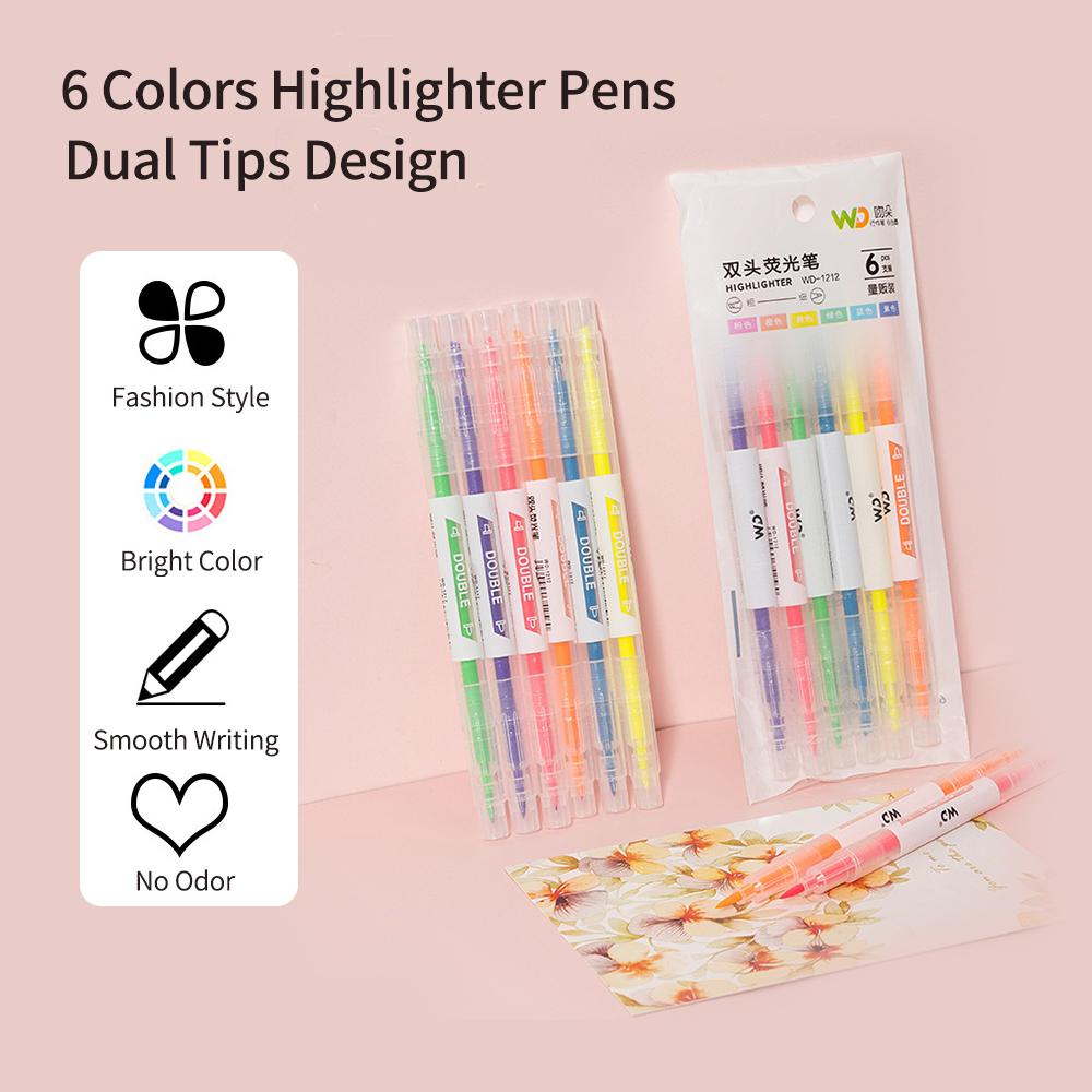 6 Colors Highlighter Pens Dual Tips Broad Chisel and Fine Tip Highlighter Markers Pen for Adults Students Children