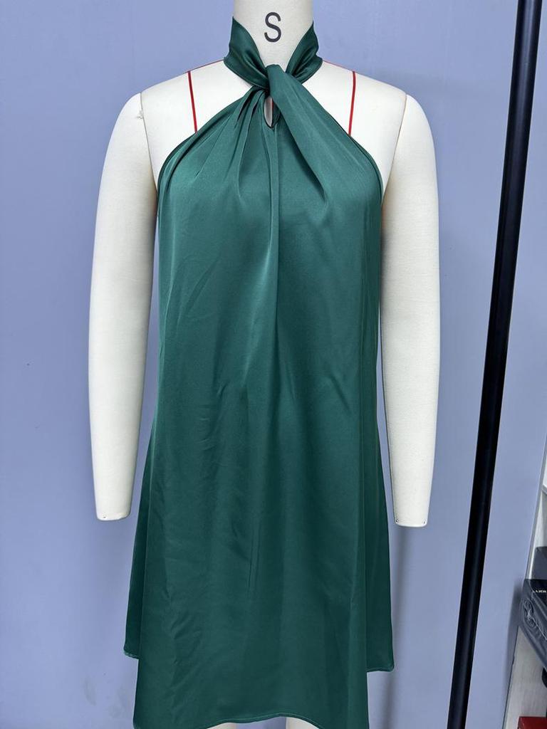 2025 Autumn Satin Halter Neck Dress - European & American Style, Imitation Silk, Sexy & Loose Fit