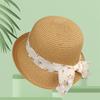 French Straw Hat Female Summer Sweet Cute Girl Floral Lace Strap Curled Sun Hat Seaside Beach Photo