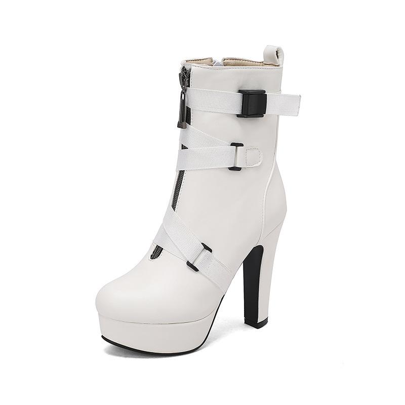 New belt buckle strap side zipper short boots knight boots water platform thick high heels large size boots