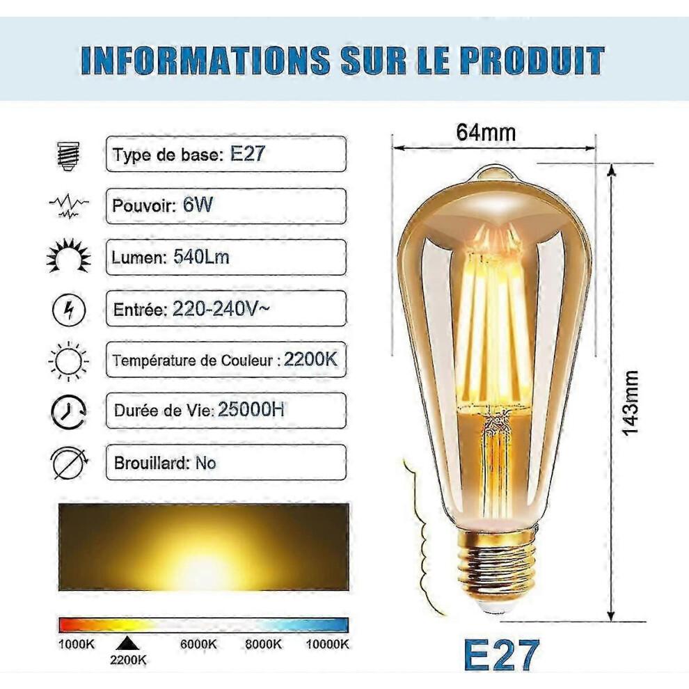 Pacote com 6 Lâmpadas LED de Filamento E27 St64 6w 2200k Amarelo Quente Vintage Edison Vintage Antigo 540lm Equivalente a Lâmpada Incandescente de 48w
