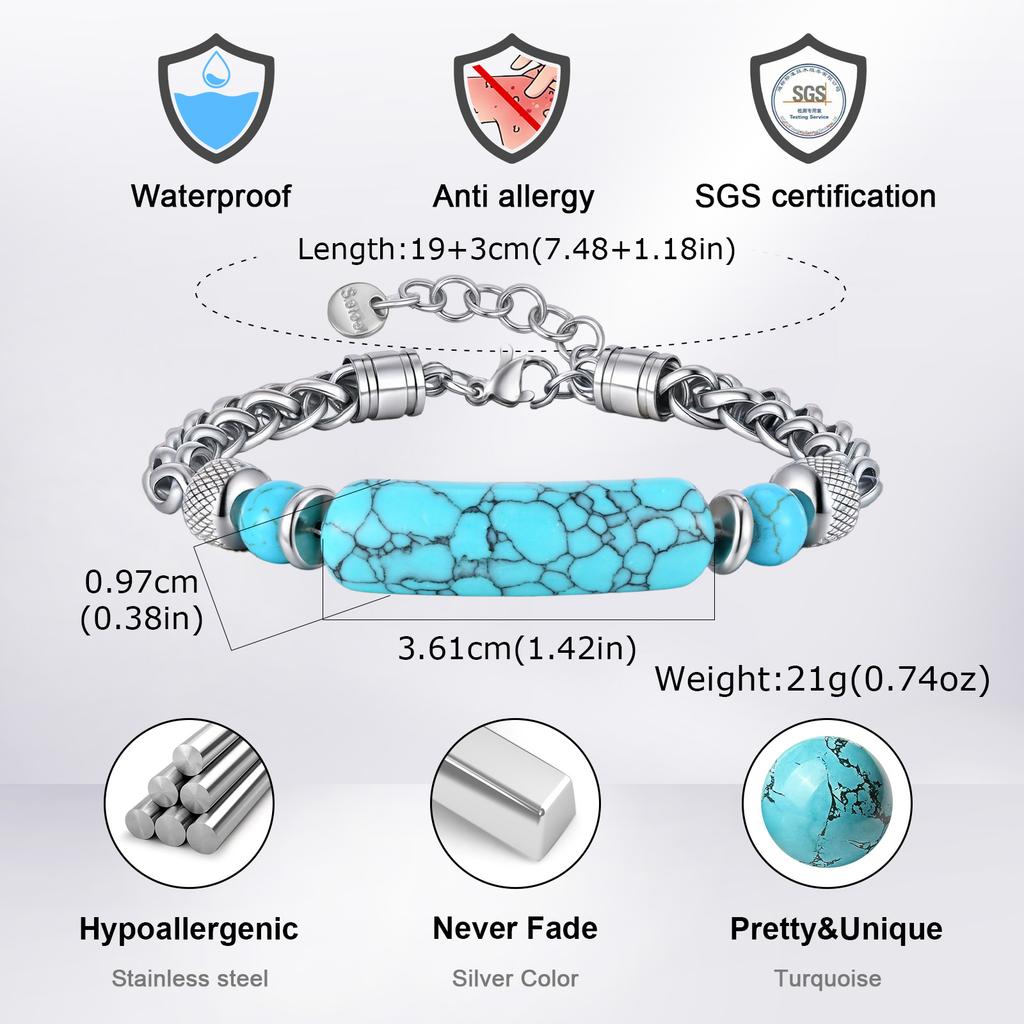 Trendy Natural Tiger Eye Stone Turquoise Bracelet for Men, Stainless Steel Adjustable Wristband, Punk Fashion Jewelry Gift