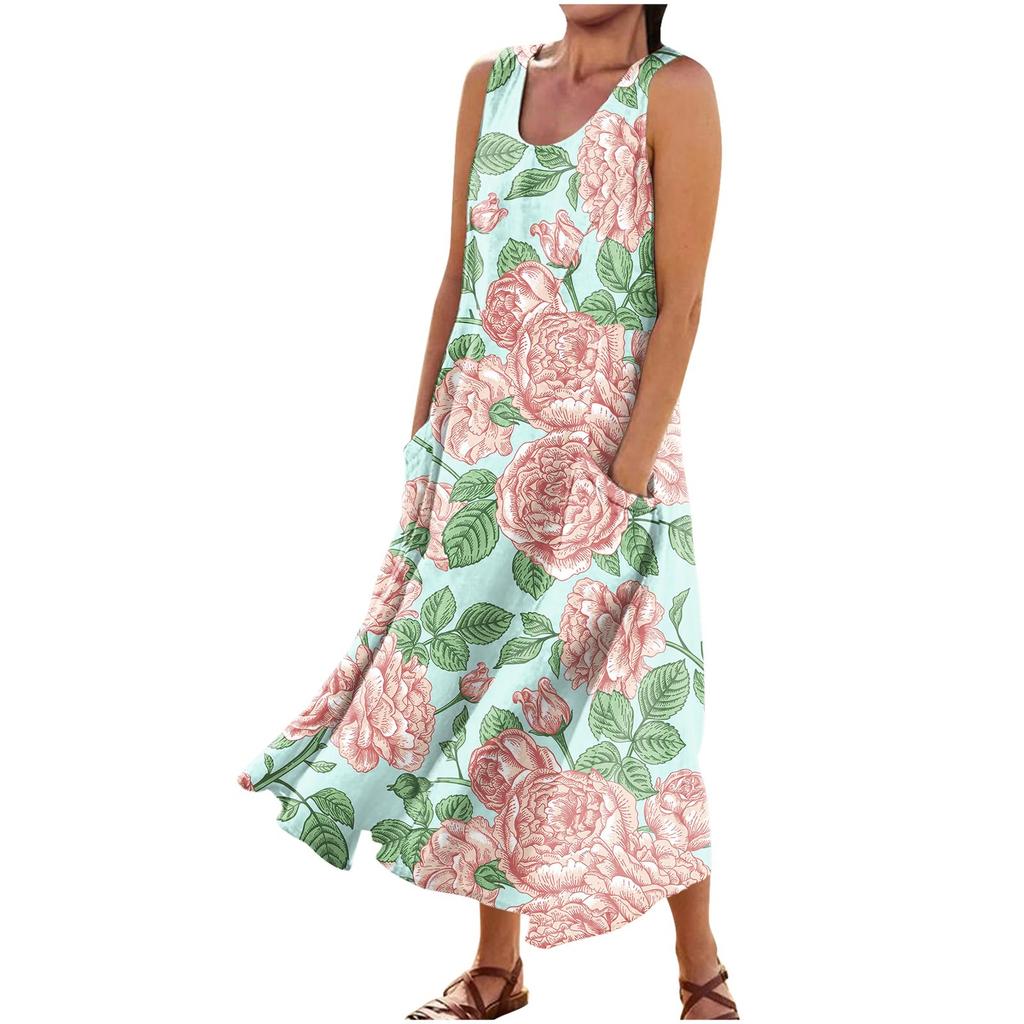 Women's Summer Casual Fashion Retro Printed Sleeveless Round Neck Pocket Dress