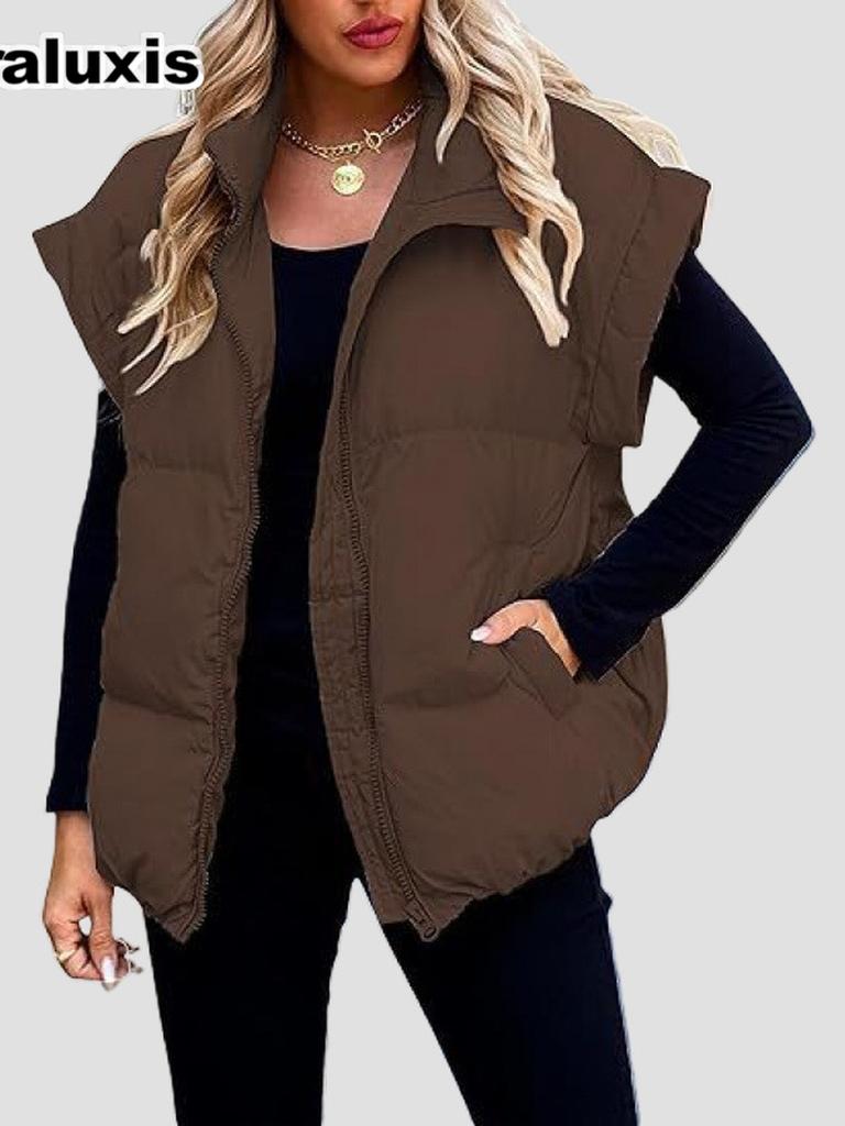 New Women's Solid Zipper Pockets Cotton Jacket Vest Slim Fit Stylish Personality Commute Coat