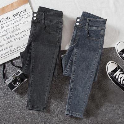 Women's High Waist Elastic Denim Skinny Pants - Double Button Pencil Style for Spring, Autumn, Winter